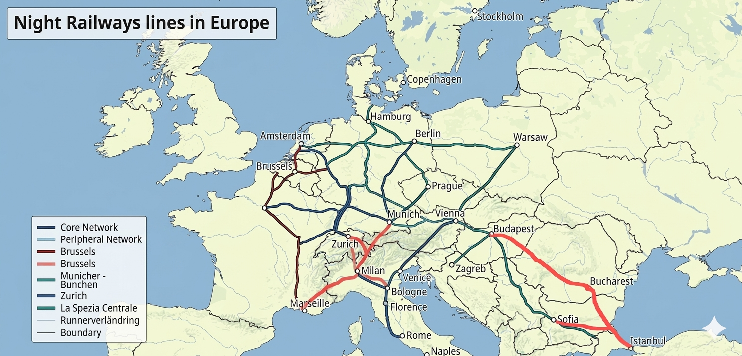 Carte schématique du réseau des trains de nuit en Europe : réseau central (core network), réseau périphérique, et grandes liaisons de Amsterdam, Bruxelles, Paris et Marseille vers Hambourg, Berlin, Varsovie, Vienne, Rome, Budapest, Sofia et Istanbul.