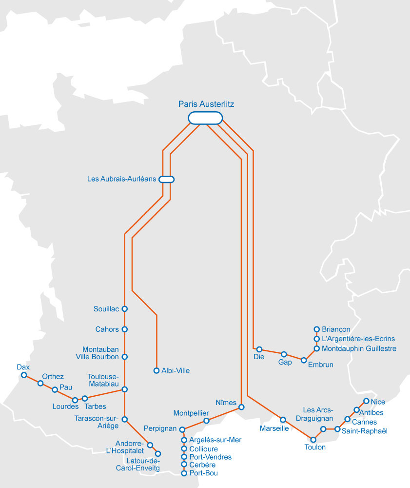 Carte du réseau Intercités de Nuit en France : depuis Paris Austerlitz, lignes vers Toulouse, Latour-de-Carol, Cerbère, Tarbes / Lourdes / Hendaye, Rodez / Albi, Aurillac, Briançon et Nice.